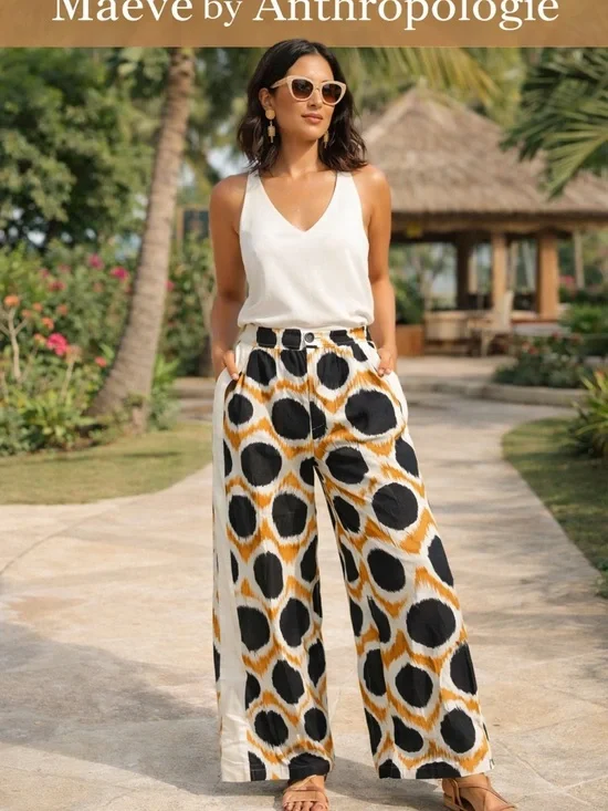 Maeve Anthropologie Printed Wide Leg Pants Black Mustard Ikat Sz 2 Boho NWOT - Picture 2 of 7